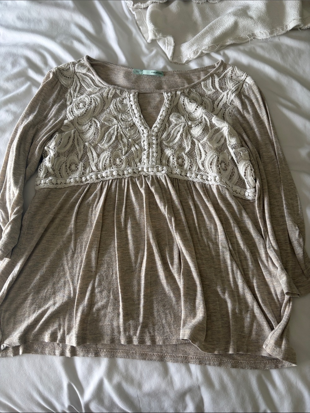 Maurices Beige Knit Top with Cream Crochet Trim